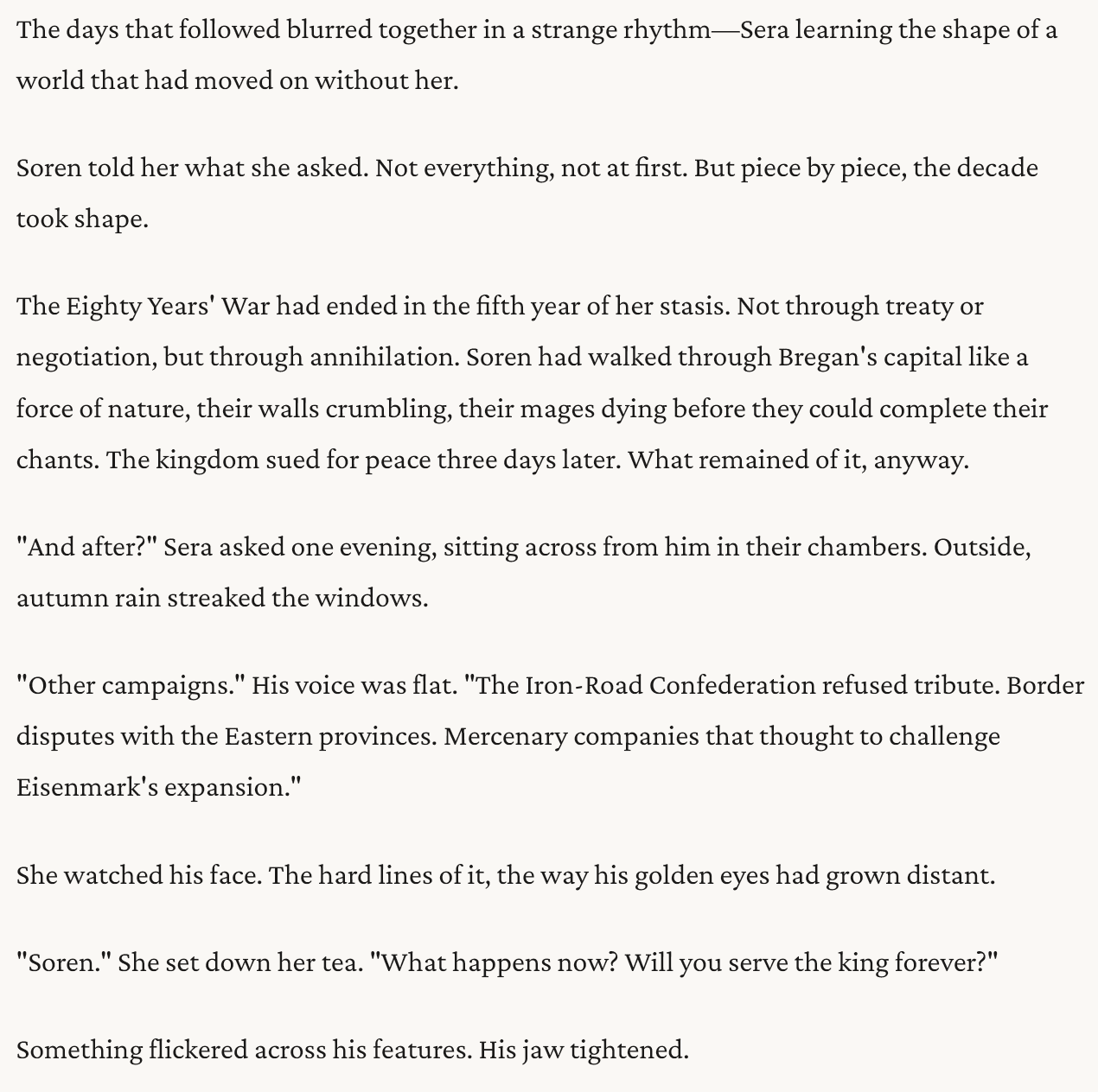 A screenshot from her last game; her character just woke from a 10 year stasis.