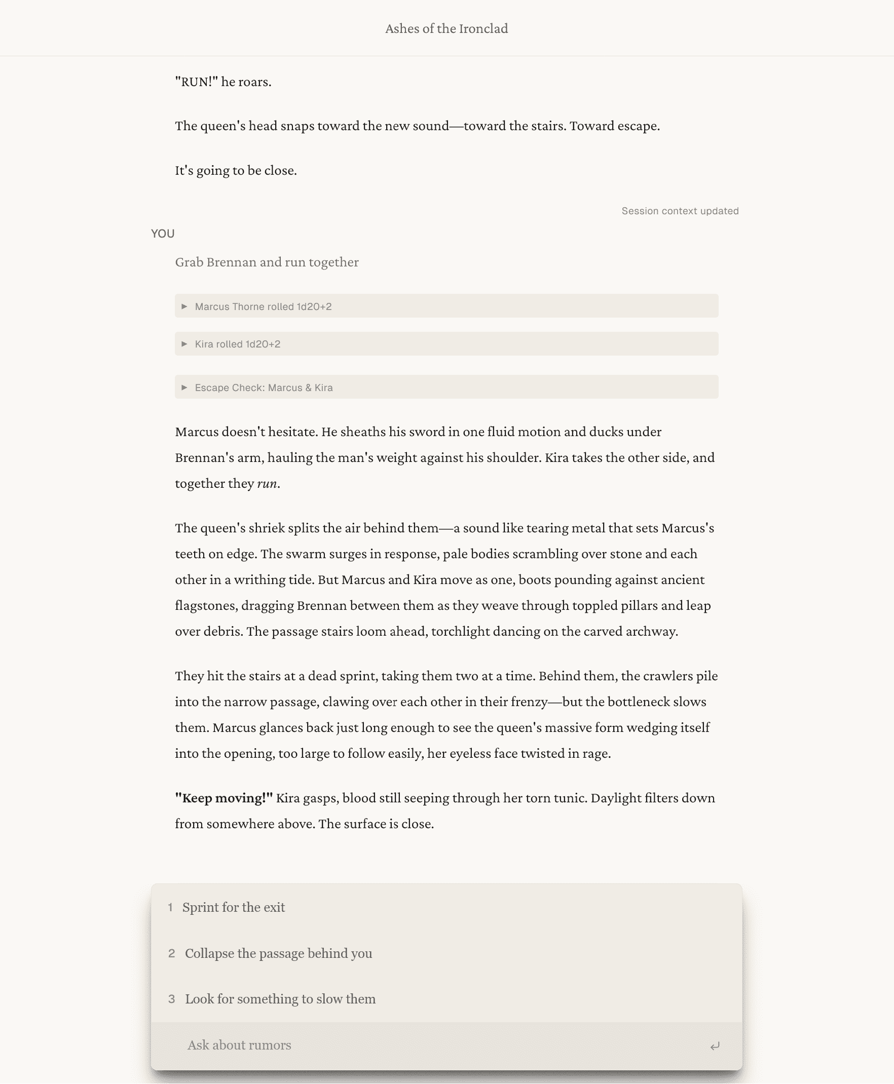 FreedomRPG UI showing suggested actions instead of an empty textbox